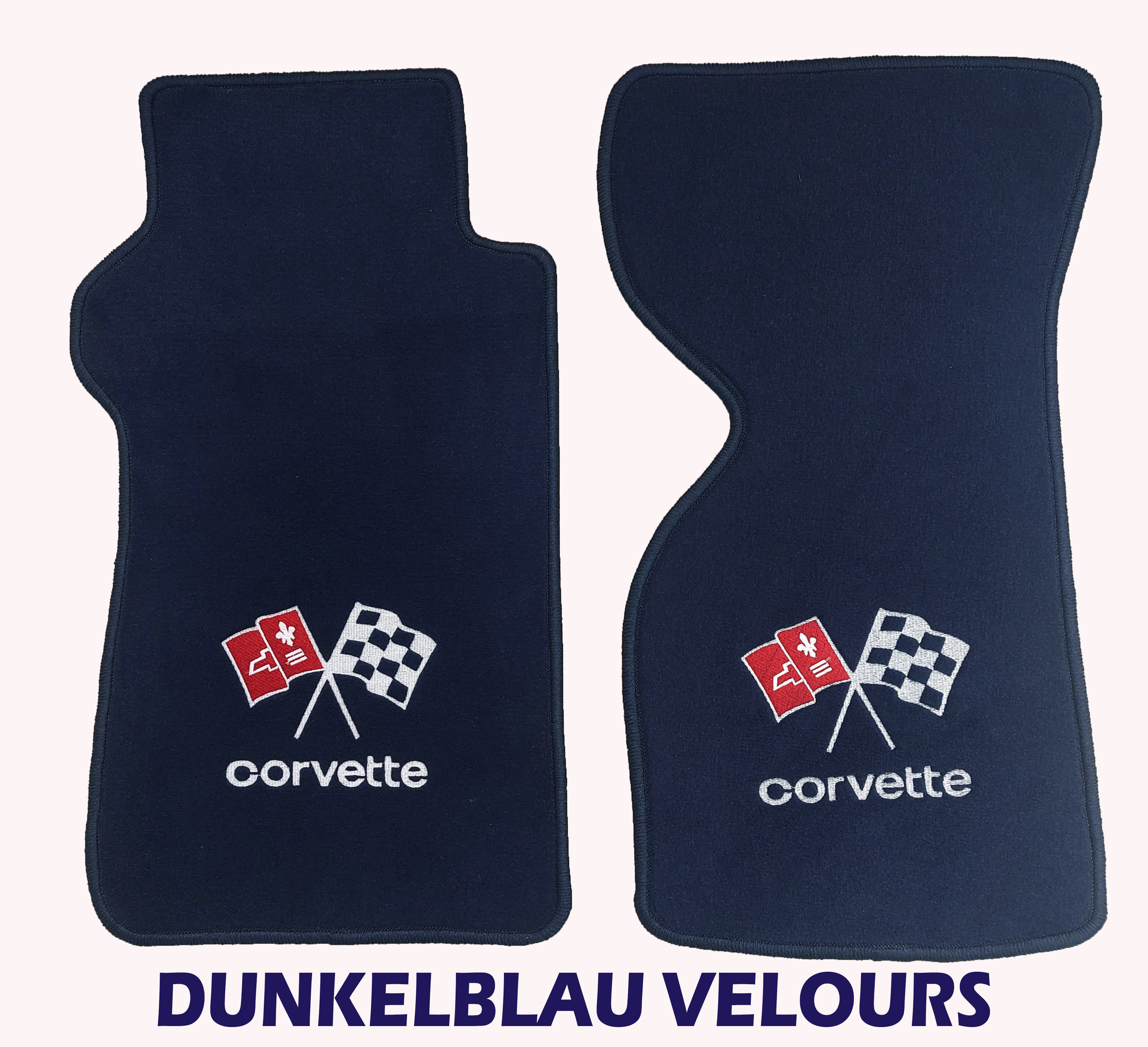 Dunkelblaue Velours Fußmatten mit STICK Corvette-Logo für Chevrolet Corvette C3 Automatik 1967-1982