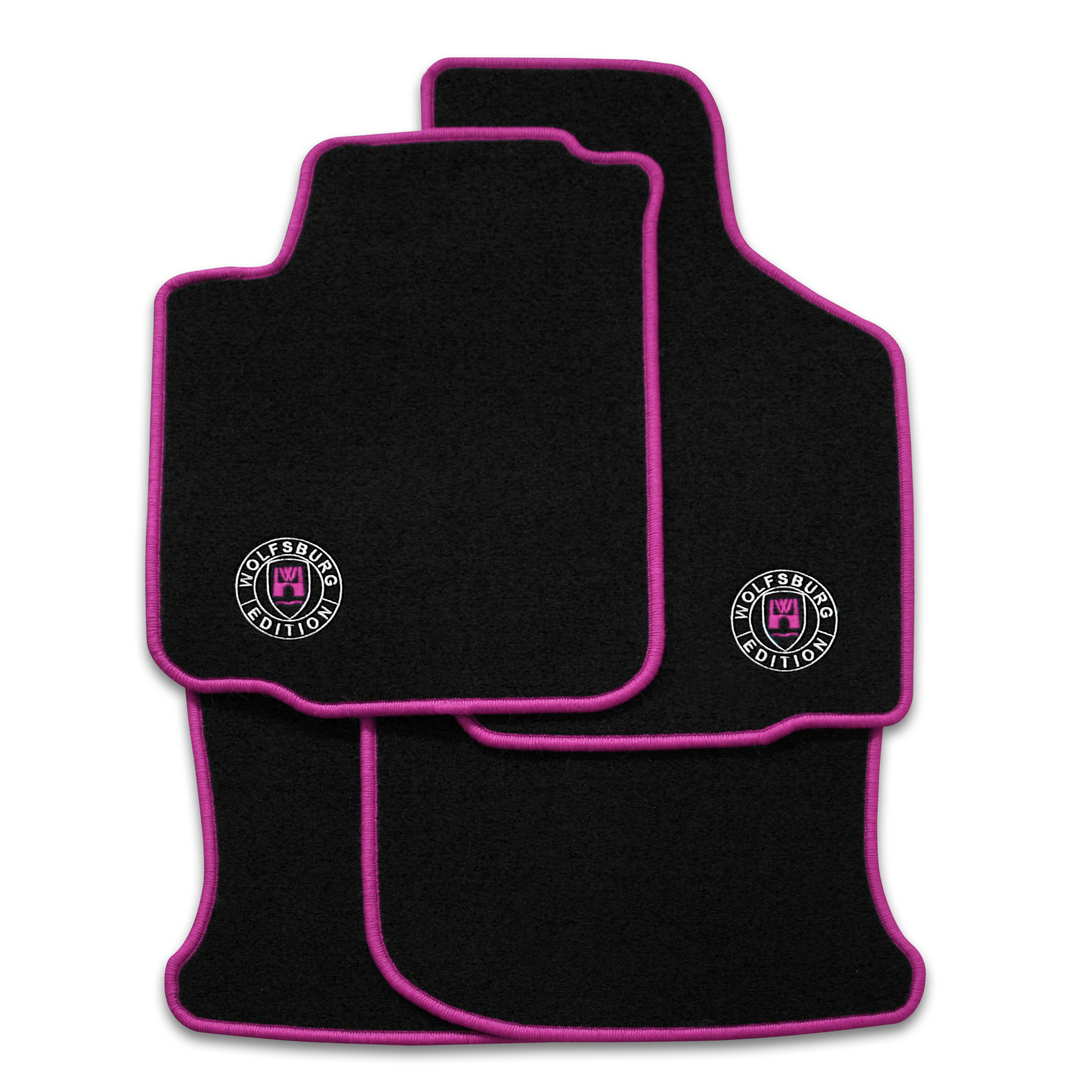 Schwarze Fußmatten mit dem STICK Wolfsburg WOB Logo und Rand in pink.