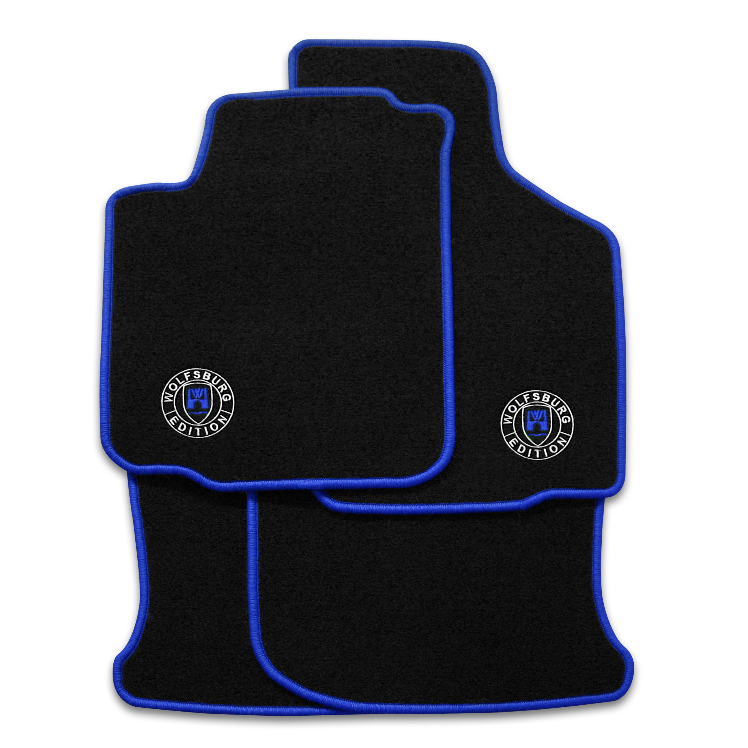 Schwarze Fußmatten mit dem STICK Wolfsburg WOB Logo und Rand in blau