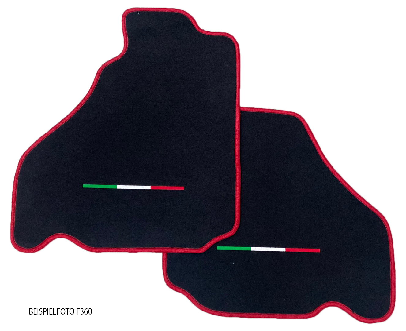Velours Fußmatten für Ferrari 348 F348 + Spider 1989-1995 mit Bestickung Tricolore und Rand rot